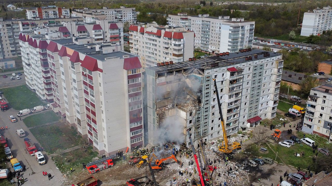 Aerial view of a destroyed residential building. 