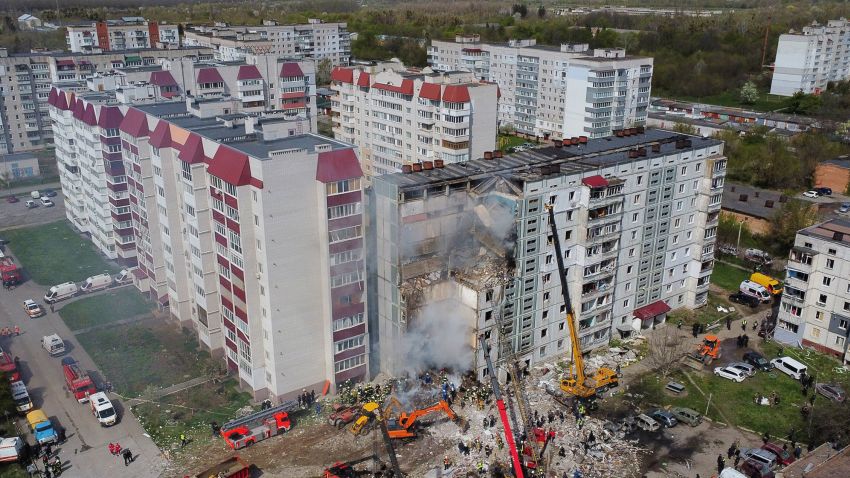 UMAN, UKRAINE - APRIL 28: Aerial view of a destroyed residential building after missile hit on April 28, 2023 in Uman, Ukraine. Overnight, Russia carried out a massive missile attack on the entire territory of Ukraine. A rocket hit a residential building in Uman. Rescuers are conducting a search and rescue operation. (Photo by Yan Dobronosov/Global Images Ukraine via Getty Images)