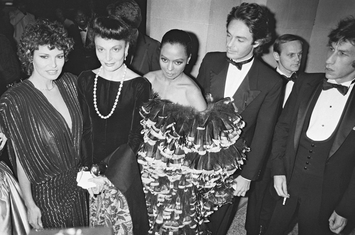 From left: Raquel Welch, Diane von Furstenberg, Diana Ross and Patrice Calmette attend the Met Gala on December 7, 1981.