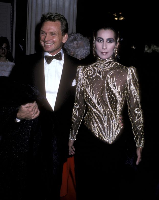 Fashion designer Bob Mackie and Cher at the Met Gala on December 9, 1985, celebrating the "Costumes of Royal India" exhibition.