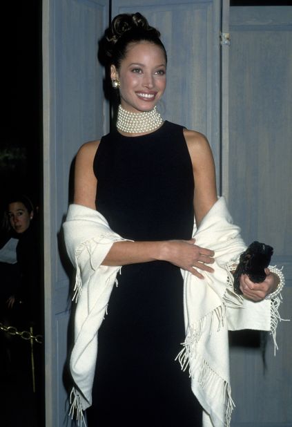 Christy Turlington attends the Met Gala on December 7, 1992, celebrating the Costume Institute's exhibition "Fashion and History: A Dialogue.''
