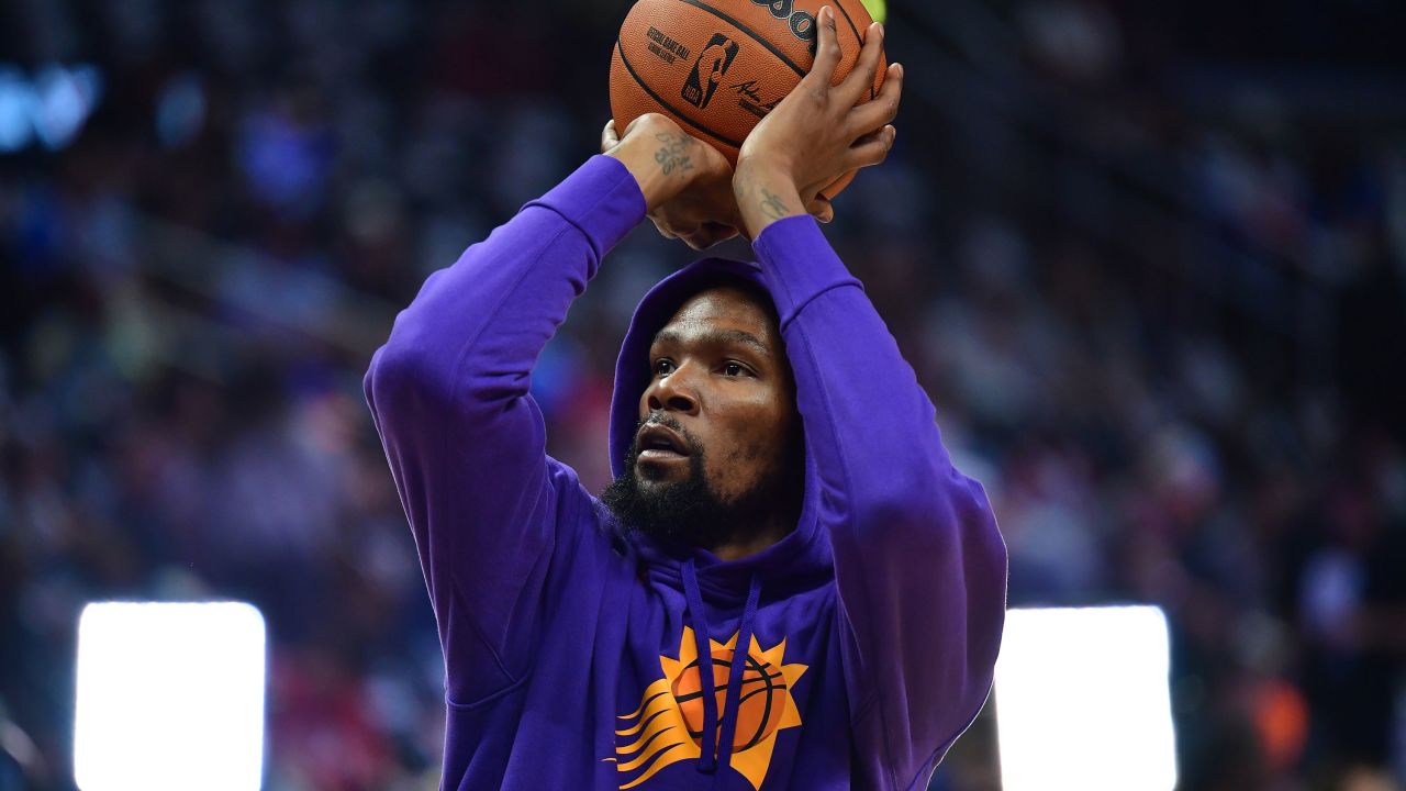Phoenix Suns forward Kevin Durant before a playoff game against the Los Angeles Clippers at Crypto.com Arena in Los Angeles on April 22, 2023. 