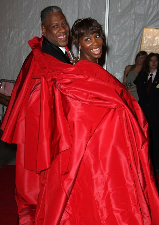 Andre Leon Talley (in a Tiepolo-red haute couture cape designed by Karl Lagerfeld) and Venus Williams (in Carolina Herrera) on the red carpet at the Met Gala on May 5, 2008, celebrating the Costume Institute's exhibition "Superheroes: Fashion and Fantasy.''