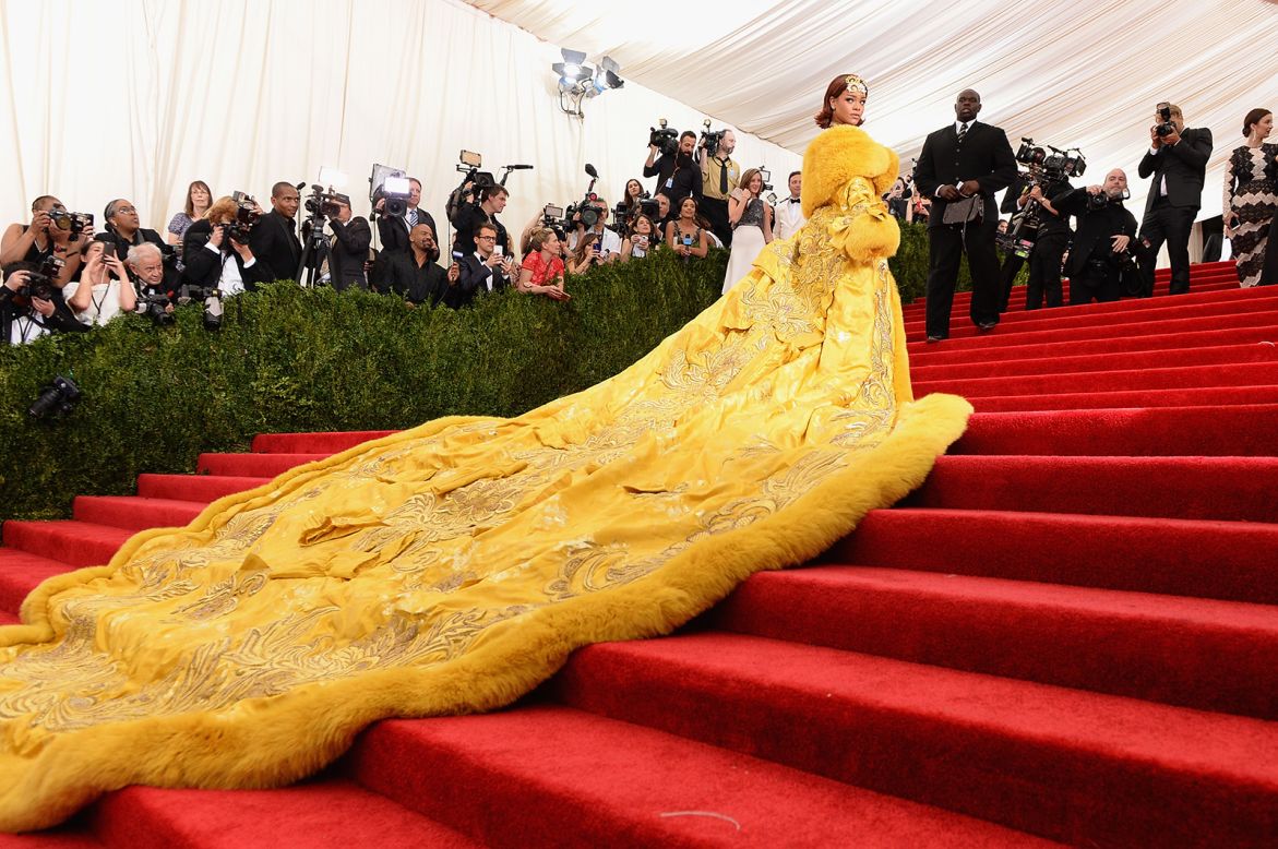 Rihanna at the Met Gala on May 4, 2015 in a couture gown from Chinese designer Guo Pei, to celebrate the Costume Institute's exhibition "China: Through the Looking Glass.'' One of the most iconic looks to ever walk the event's red carpet
