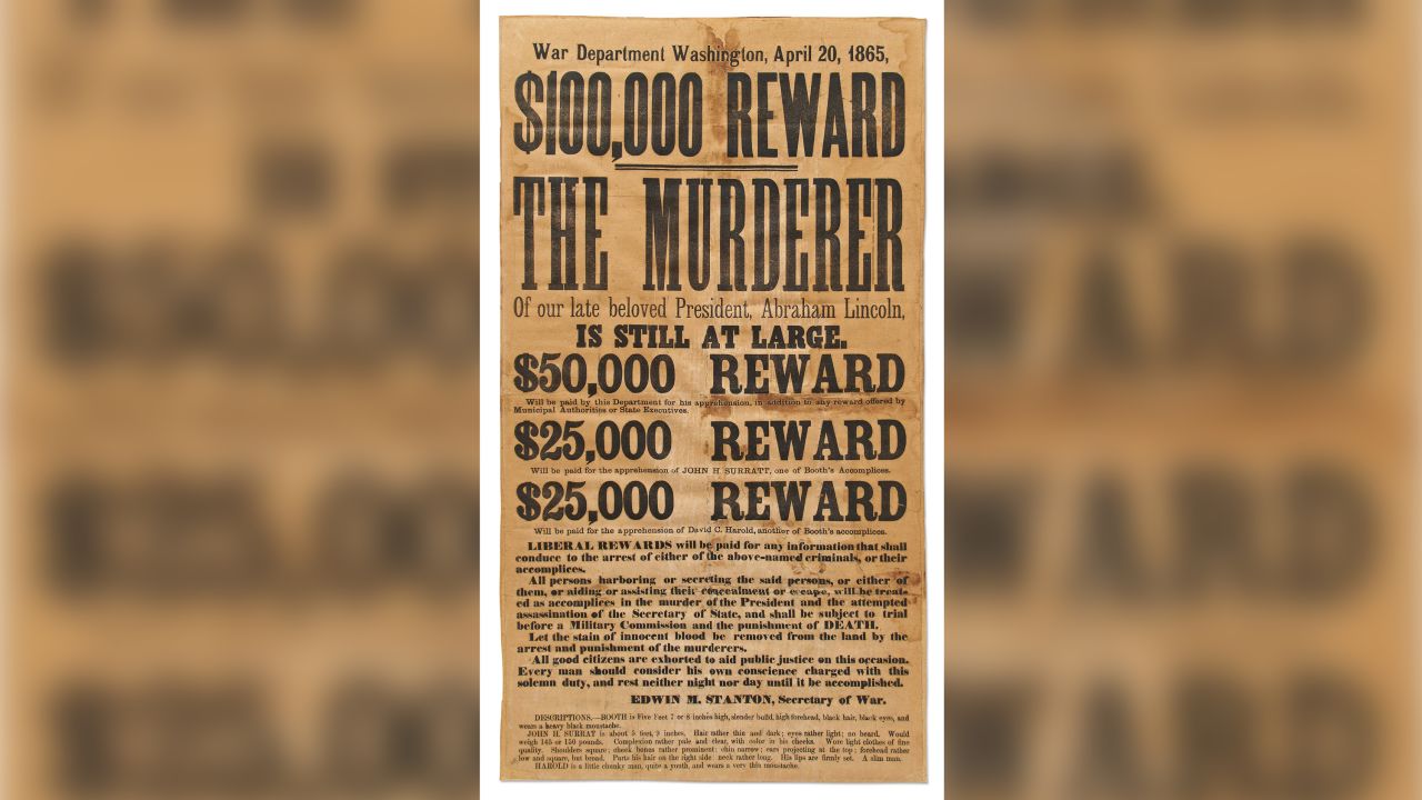 An 1865 poster seeking the capture of John Wilkes Booth and his accomplices has sold at auction for $166,375.