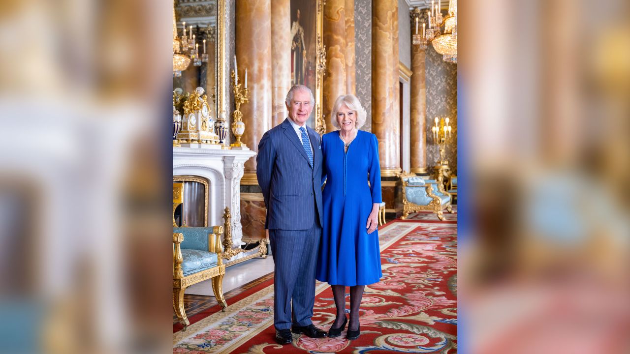 Britain's King Charles III and Queen Camilla in The Blue Drawing Room astatine Buckingham Palace, London.