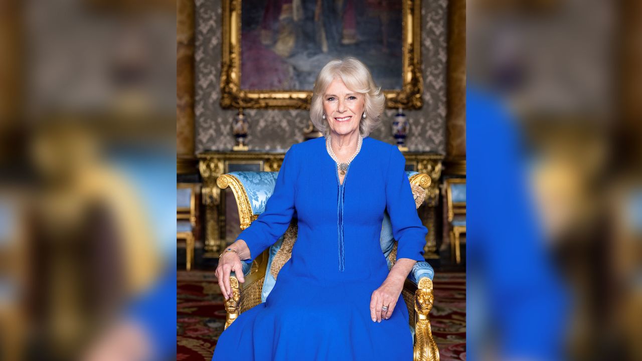 Queen Camilla in The Blue Drawing Room astatine Buckingham Palace.