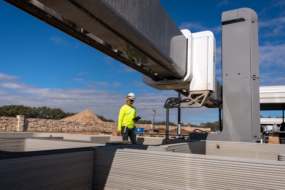 3D-printed buildings are constructed using huge printers that are taken to a site and programmed to print the desired pattern.