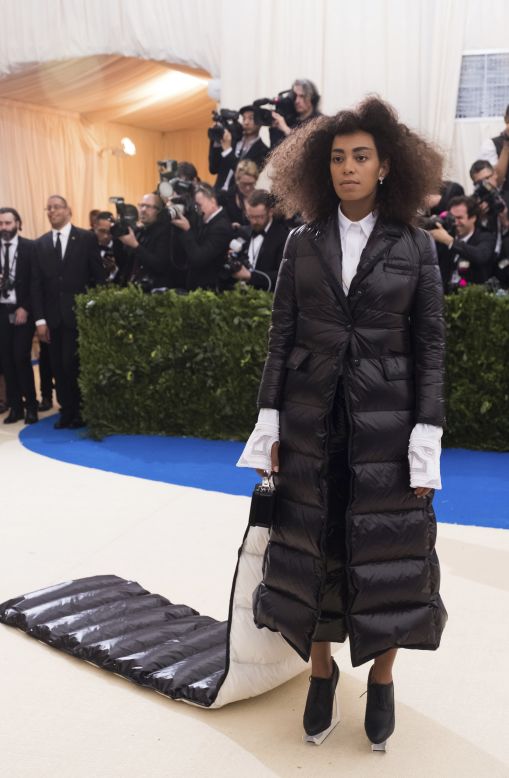 Solange Knowles in a Thom Browne coat at the Met Gala on May 1, 2017, celebrating the Costume Institute's exhibition "Rei Kawakubo/Comme des Garçons: Art of the In-Between.'' 