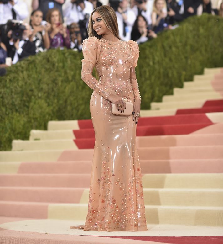 Beyonce, also in 2016, in latex, puff-sleeved Givenchy featuring intricate beadwork.