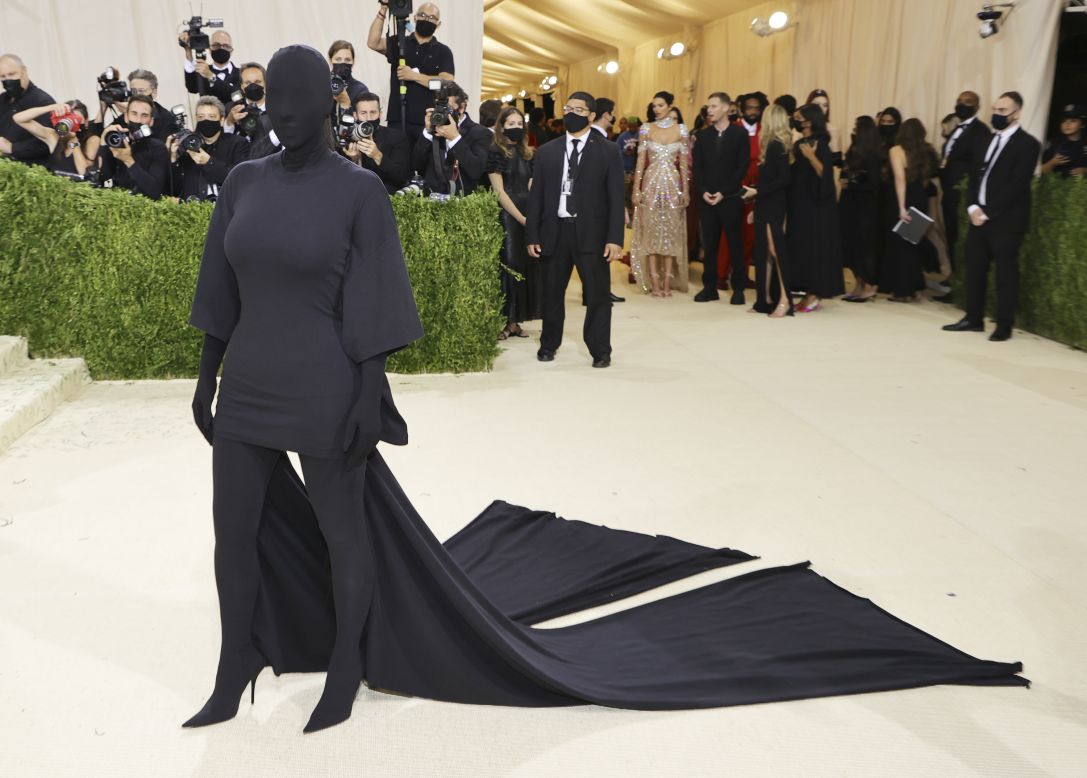 Kim Kardashian at the Met Gala on September 13, 2021, celebrating the exhibition "America: A Lexicon of Fashion.'' Among much discussion of Kardashian's Balenciaga gown, Holly Thomas wrote for CNN Opinion that, "being so famous that people recognize you by your silhouette alone, yet neutral to the point where people can effectively project whatever they wish onto you (this analogy included) feels like a fairly legitimate take on American celebrity culture."
