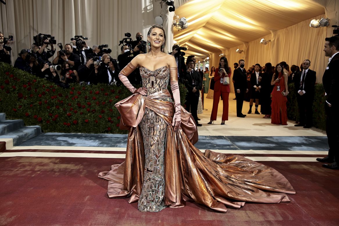 Blake Lively at the Met Gala on May 2, 2022 in a dress inspired by New York City. The showstopper was created by Atelier Versace to celebrate the Costume Institute's exhibition "In America: An Anthology of Fashion.'' 
