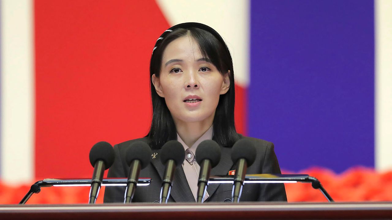 Kim Yo Jong, sister of North Korean leader Kim Jong Un, delivers a speech in Pyongyang on August 10, 2022. 