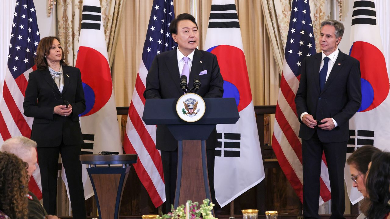 Yoon Suk Yeol, South Korea's president, with US Vice President Kamala Harris and US Secretary of State Antony Blinken during a luncheon at the State Department in Washington, DC on Thursday, April 27, 2023. 