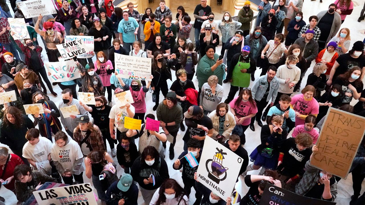 Transgender rights activists protest outside the House chamber at the Oklahoma State Capitol in Oklahoma City on February 6, 2023.