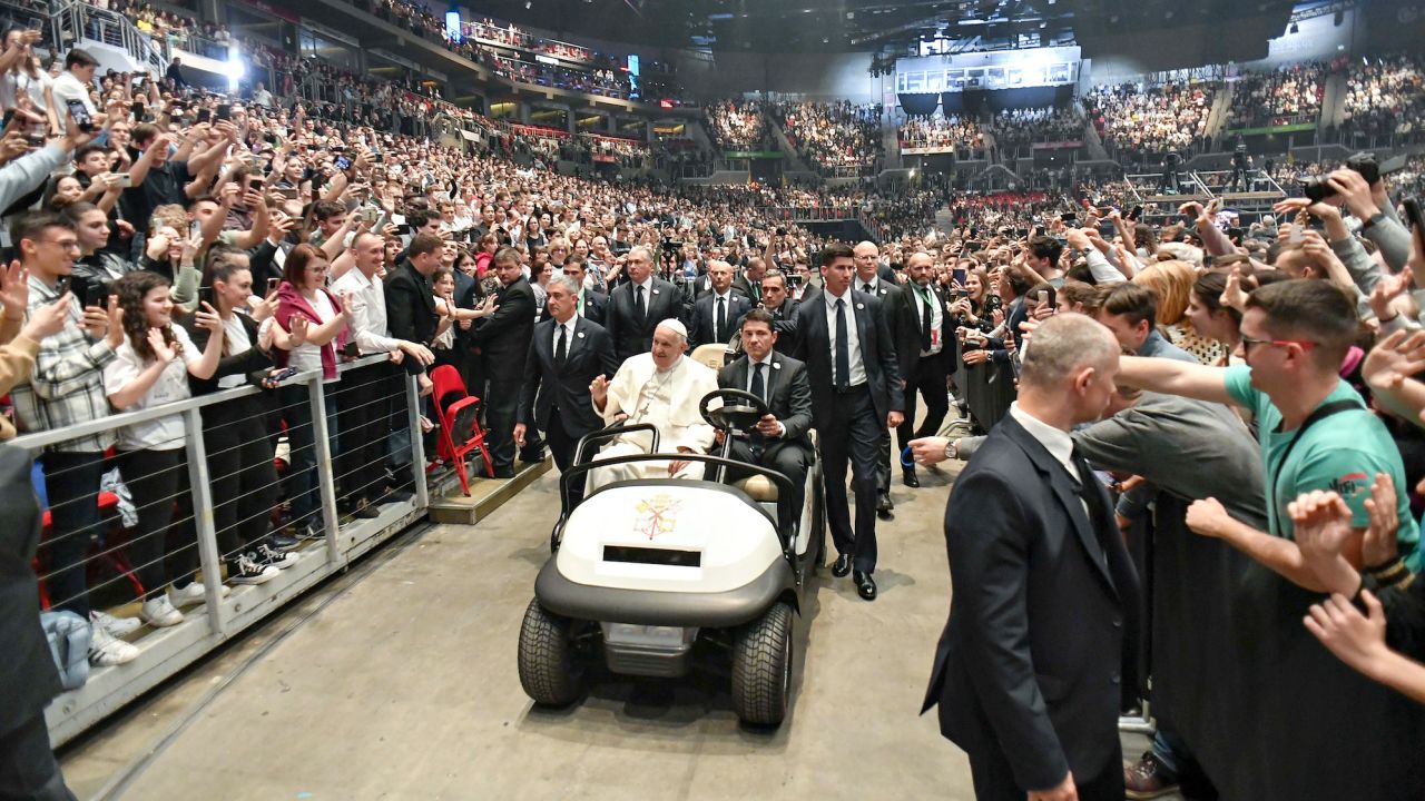Pope Francis meets with young people at the Papp László Sport Arena on April 29, 2023 in Budapest, Hungary.