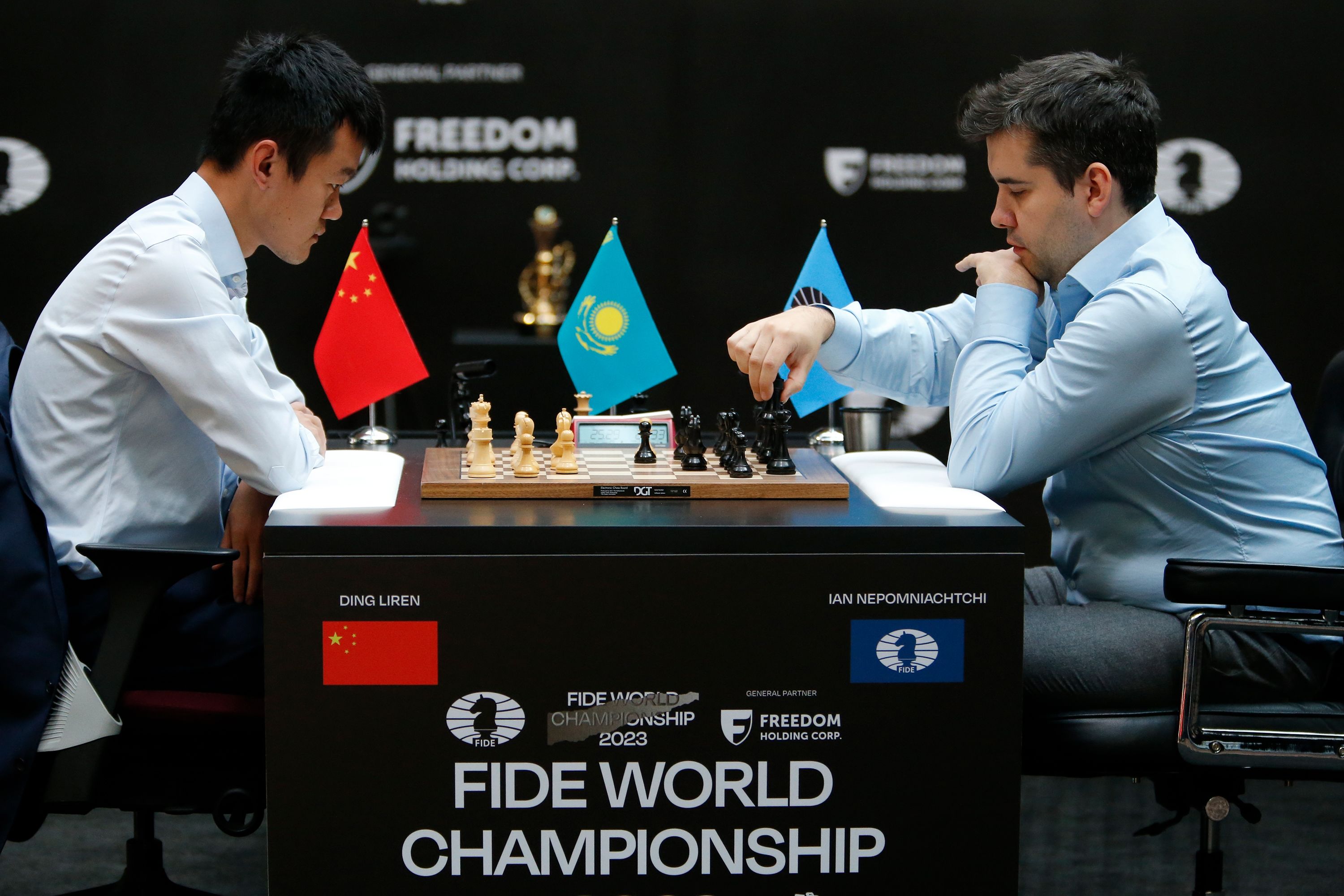 China's Ding Liren plays against Russia's Ian Nepomniachtchi