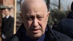 Yevgeny Prigozhin, the owner of the Wagner Group military company, arrives to pay the last respects to slain Russian military blogger Vladlen Tatarsky, during a funeral ceremony at the Troyekurovskoye cemetery in Moscow, Russia, Saturday, April 8, 2023. Tatarsky, known by his pen name of Maxim Fomin, was killed on Sunday, April 2, as he led a discussion at a riverside cafe in the historic heart of St. Petersburg, Russia's second-largest city. 