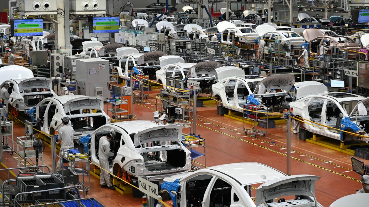 Employees working on an auto assembly line in Guangzhou. China's manufacturing activity unexpectedly shrank in April, according to official data.