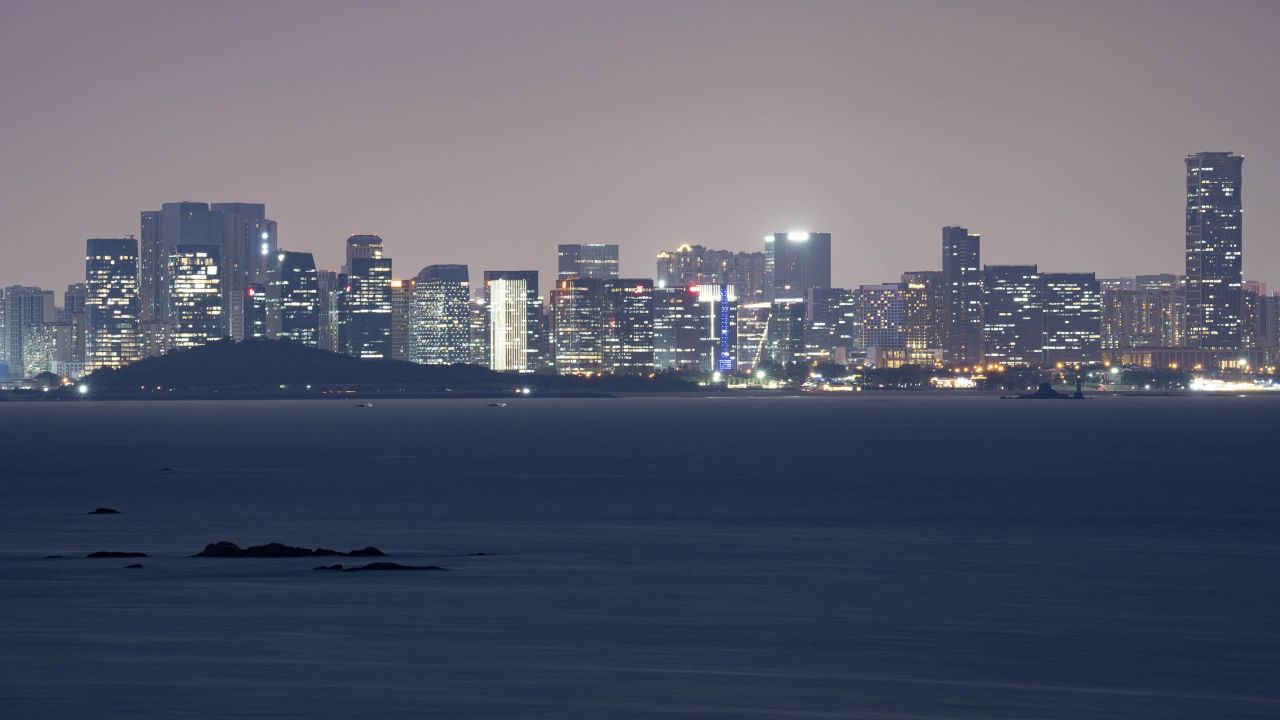 The Chinese mainland city of Xiamen, as viewed from Taiwan's Kinmen islands at dusk. 