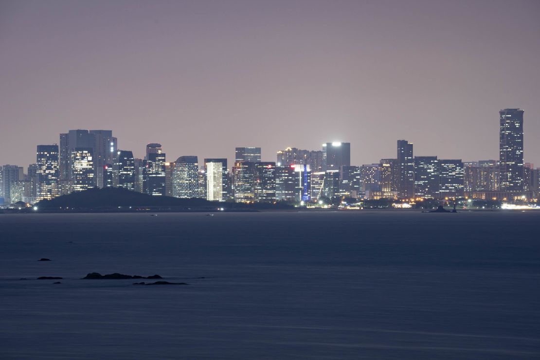 The Chinese mainland city of Xiamen, as viewed from Taiwan's Kinmen islands at dusk. 