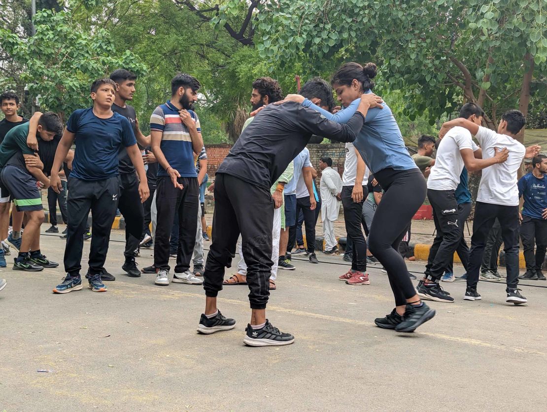 Wrestlers perform exercise drills at the protest site in Jantar Mantar, New Delhi, on April 28, 2023. 