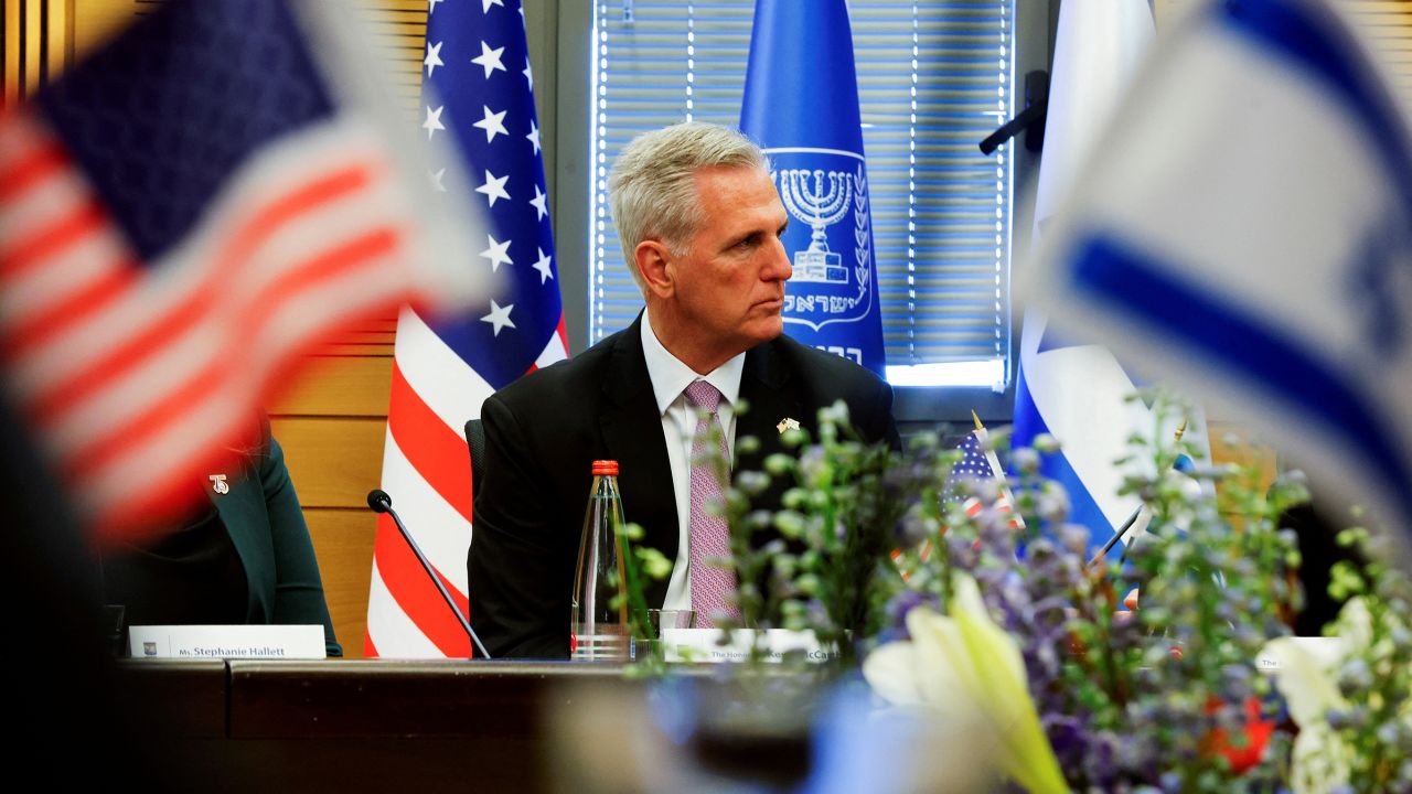 House Speaker Kevin McCarthy looks on during a bilateral meeting with his Israeli counterpart, Knesset Speaker Amir Ohana at the Knesset, Israel's Parliament, in Jerusalem, April 30.
