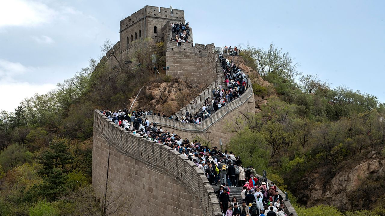 Crowds gather at the Great Wall on the first day of the Labor Day holiday in Beijing. 