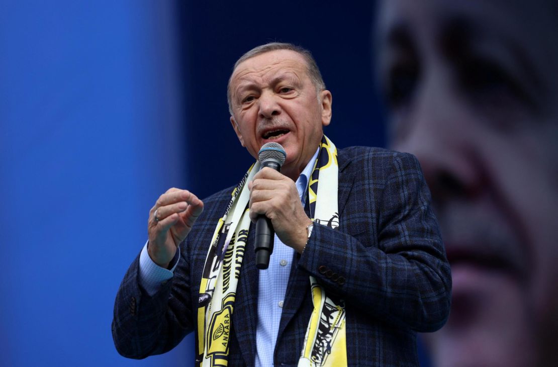 Turkish President Tayyip Erdogan addresses his supporters during an election rally in Ankara, Turkey on April 30, 2023. 