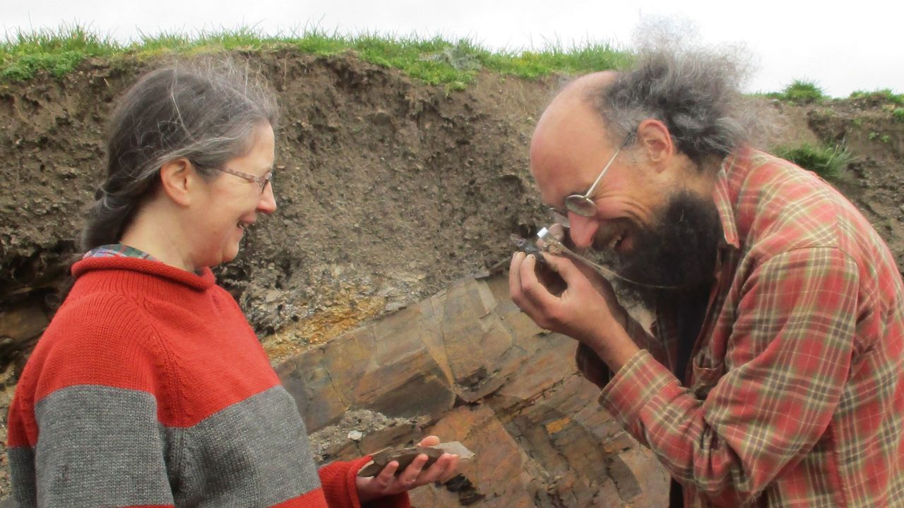 Researchers Dr Lucy Muir, left, and Dr Joseph Botting worked together on the site in Wales.  