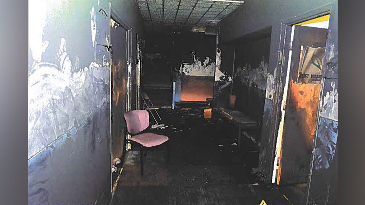 Damage from the April 24, 2023, fire at Masjid Al-Rahma Mosque is seen in this image provided by the US Attorney's Office, District of Minnesota.