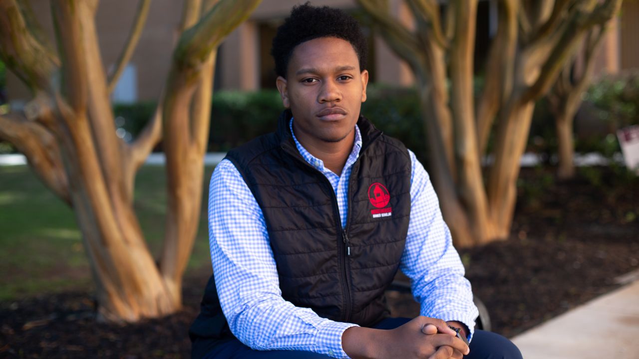 Aylon Gipson, a junior economics major at Morehouse College, poses for a portrait in Atlanta on the campus of Morehouse College on May 1, 2023.