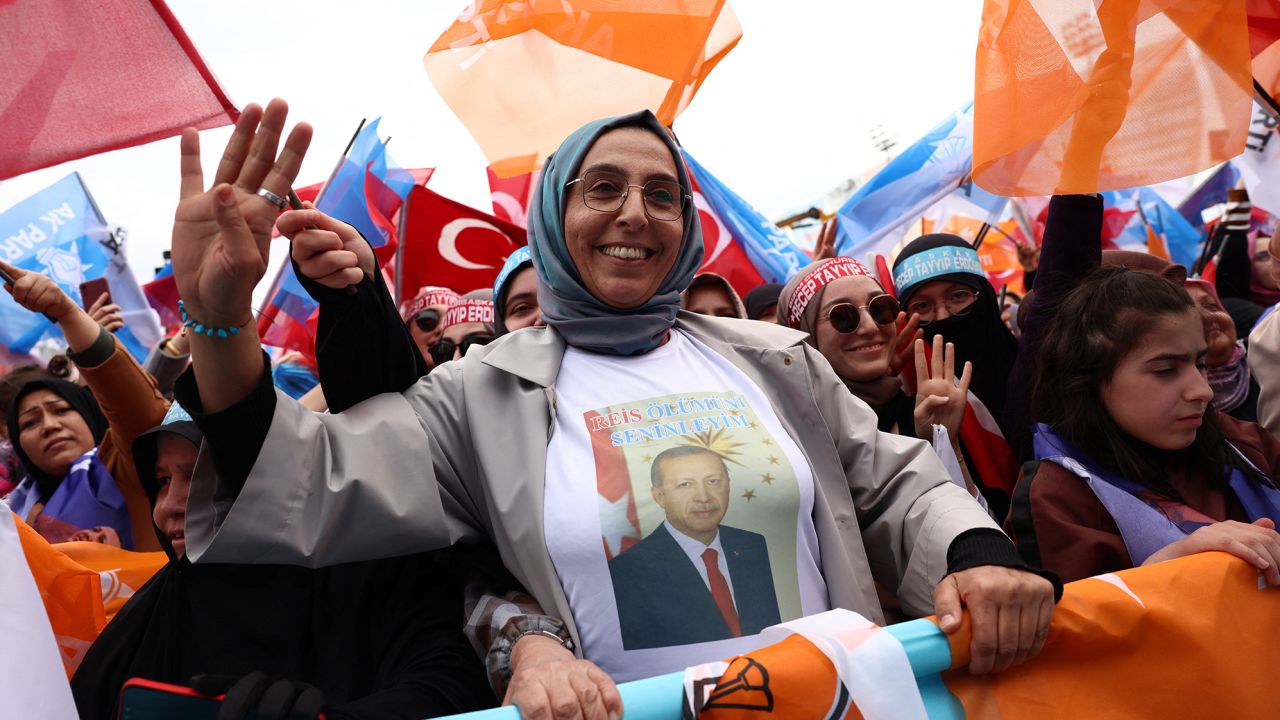 Supporters of Turkish President Recep Tayyip Erdogan take part in a rally ahead of the May 14 presidential and parliamentary elections, in Ankara, Turkey on April 30.