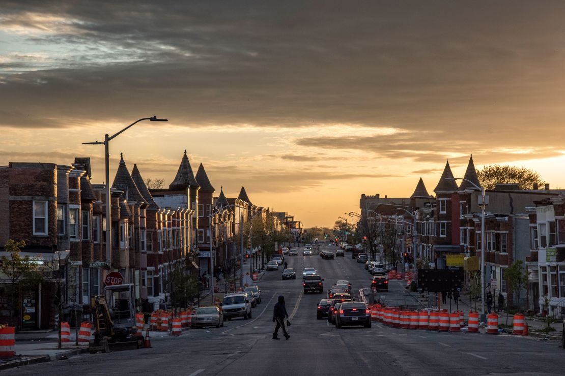 The sun sets  over W. North Avenue near where Freddie Gray lived in Baltimore on April 19, 2020 -- the 5th anniversary of the day Gray died from his injuries suffered at the hands of Baltimore police officers during his arrest.  In the days surrounding Gray's funeral, protests and civil upheaval sprung up around this West Baltimore neighborhood where Gray grew up.