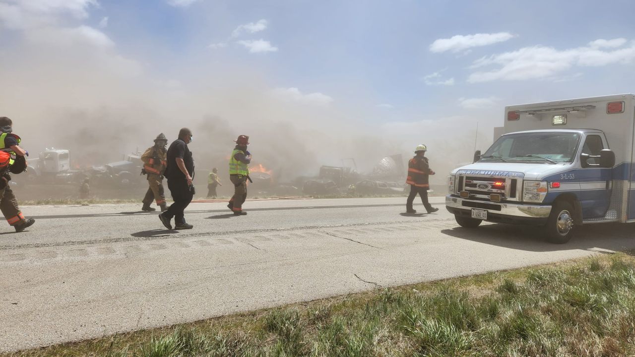 A scene from the multi-vehicle crash on Interstate 55 on Monday in Montgomery County, Illinois.