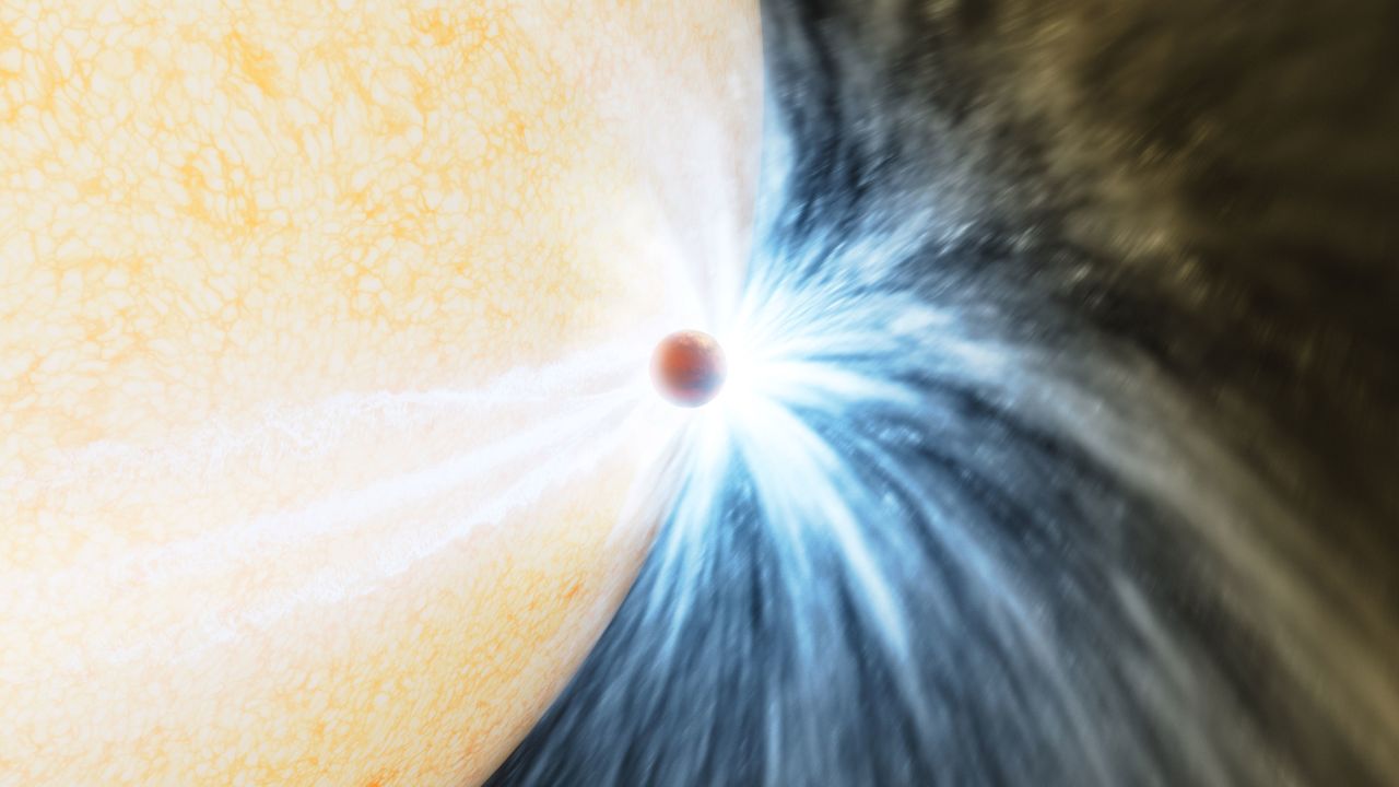 An artist's impression showing a planet skimming the surface of a star.