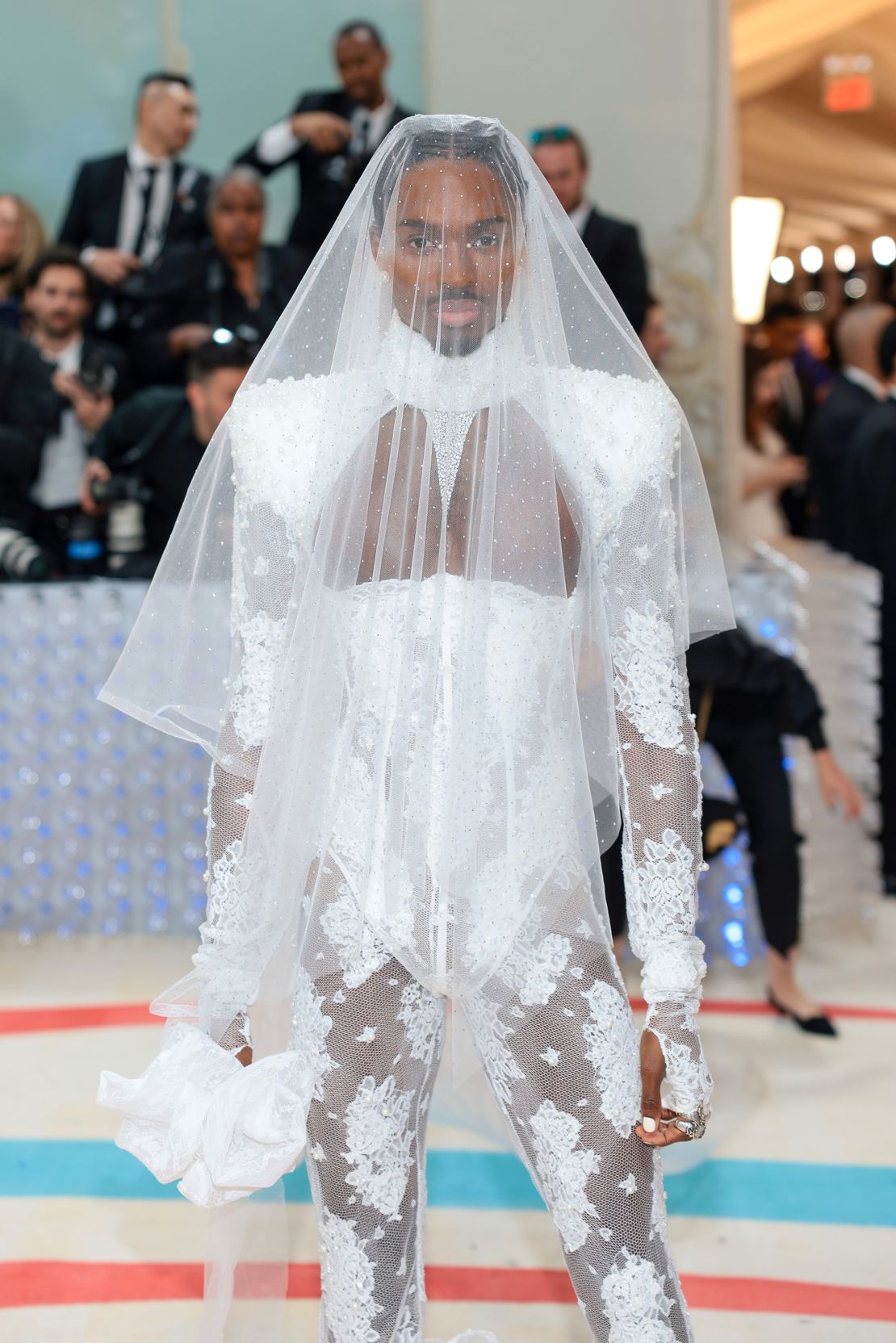 Model Alton Mason was the embodiment of the Chanel bride in head-to-toe lace and a long veil from the Karl Lagerfeld brand.