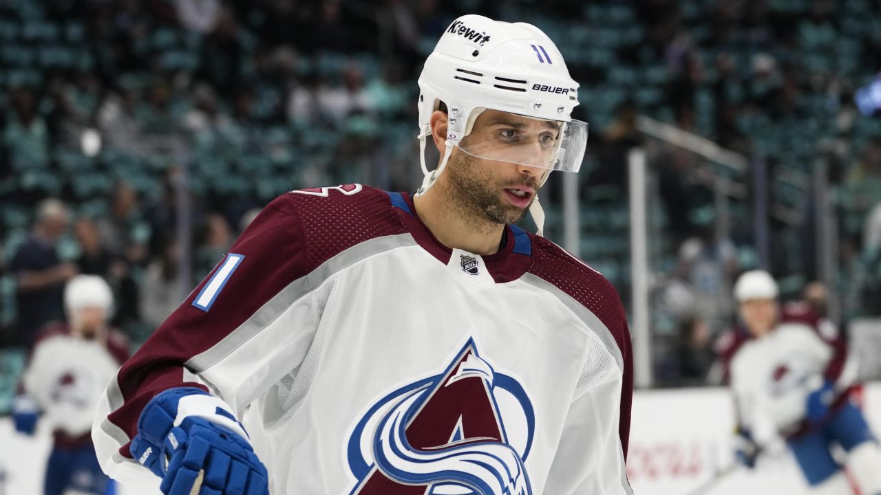 Colorado Avalanche's Andrew Cogliano looks on before Game 4 against the Seattle Kraken.