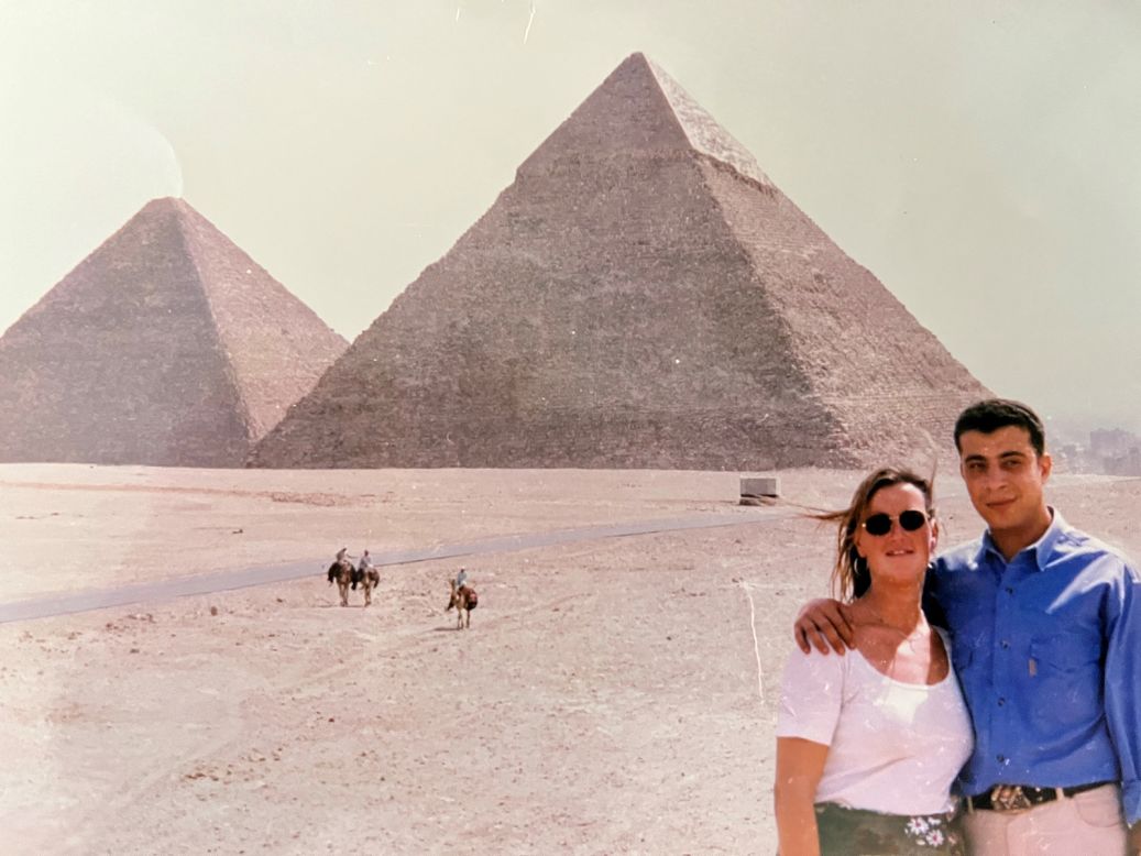 <strong>Egypt romance: </strong>Christina Ward had only known Wahid Kandil for six months when he asked her to marry him. The couple fell in love sailing on a boat down the River Nile in Egypt. Here they are pictured by the Giza pyramids.