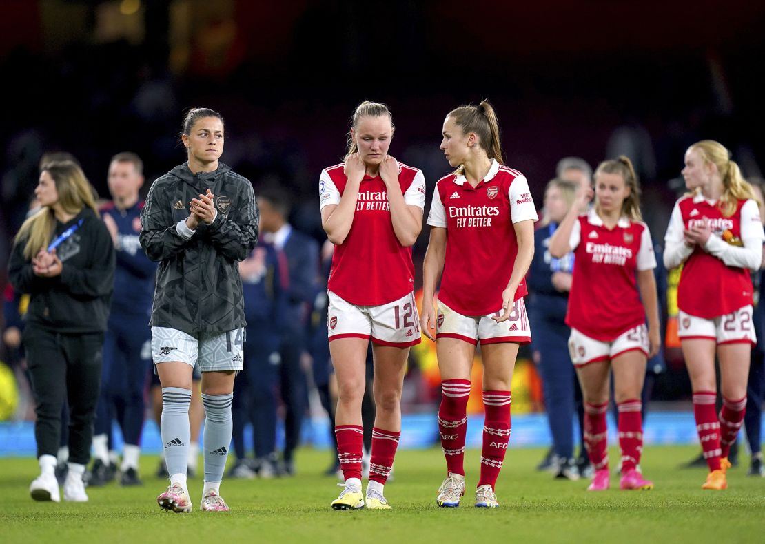 Arsenal's players leave the pitch after their defeat against Wolfsburg. 