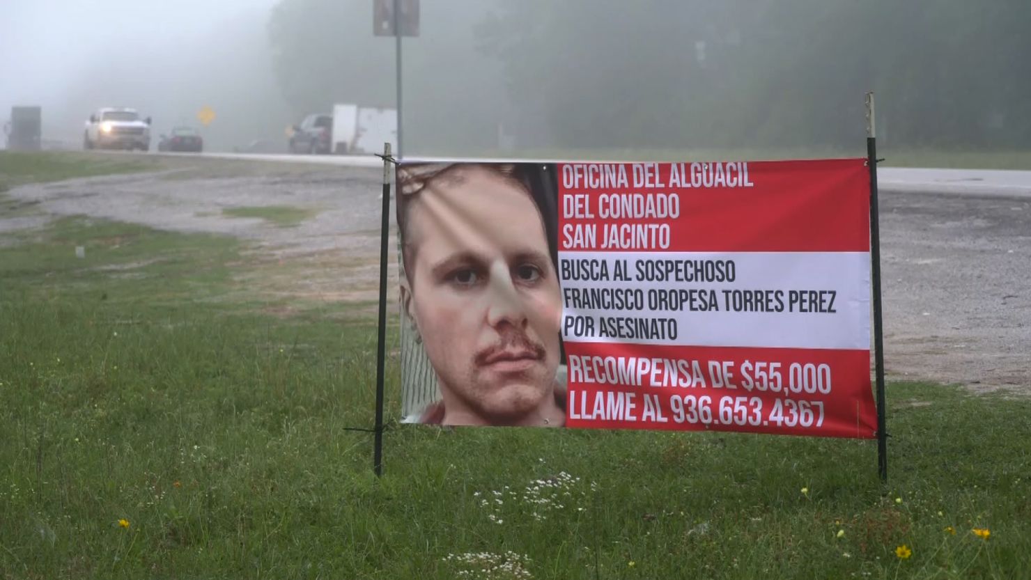 A sign in Spanish shows an image of shooting suspect Francisco Oropesa in Cleveland, Texas, where five people were killed last week.