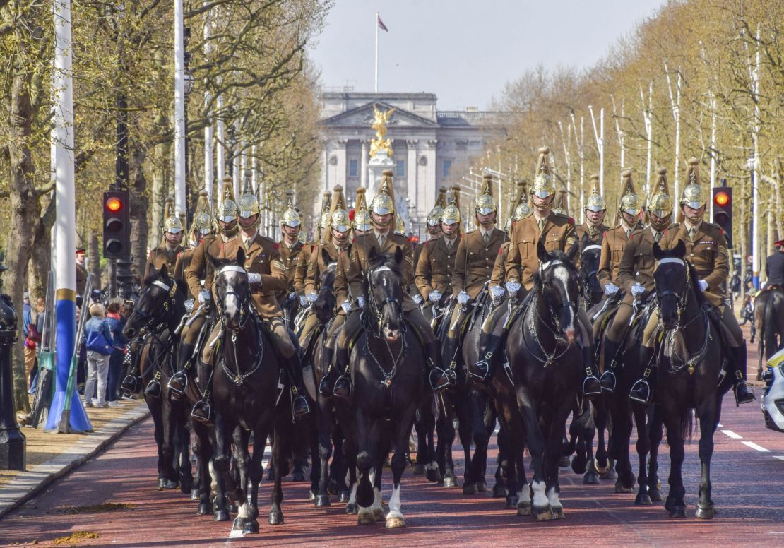 The Household Cavalry Mounted Regiment begins coronation rehearsals at Buckingham Palace and The Mall.