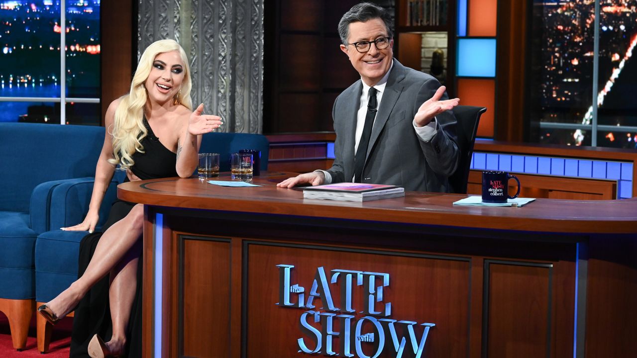 (From left) Lady Gaga and Stephen Colbert on 'The Late Show.' 