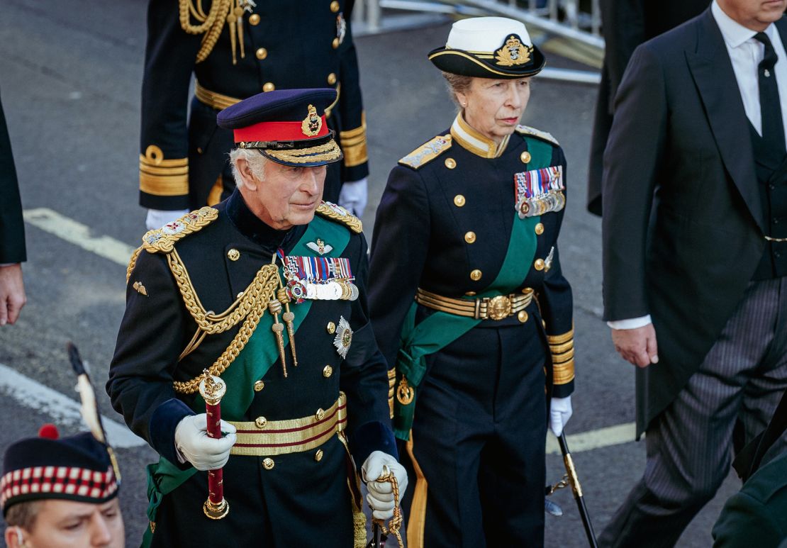 King Charles III and Princess Anne pictured at their mother's funeral.