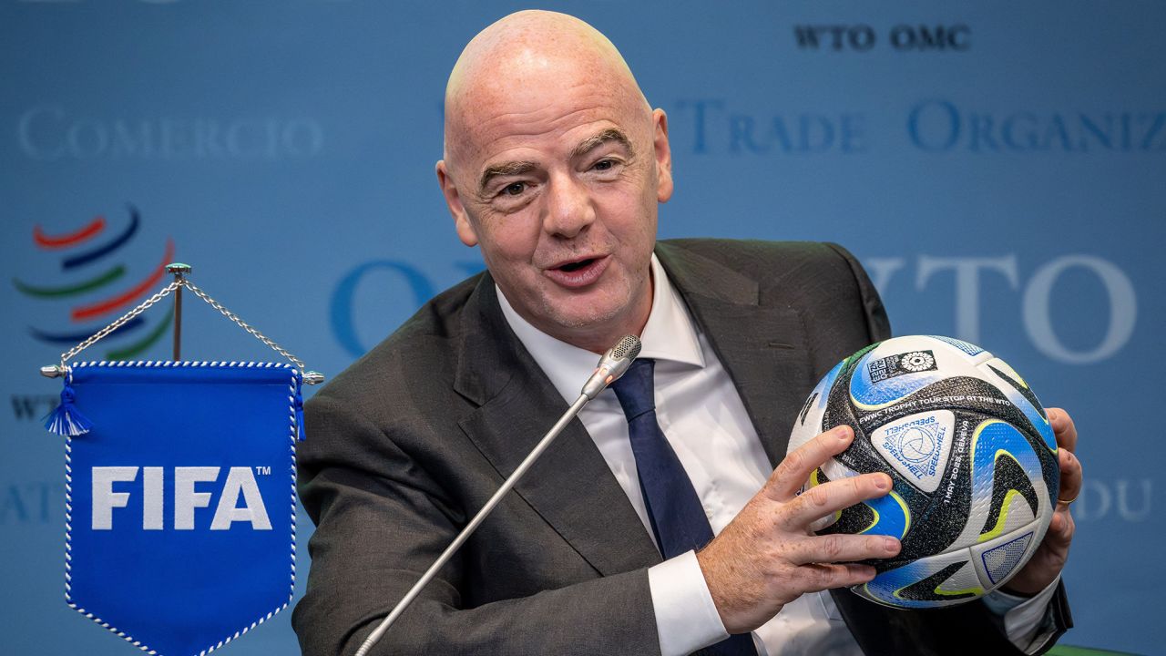 FIFA President Gianni Infantino holds an official ball of the 2023 FIFA Women's World Cup on May 1.
