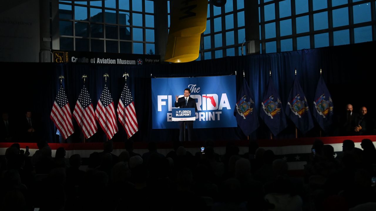 Florida Gov. Ron DeSantis delivers remarks on "And To The Republic: The Florida Blueprint" at the Cradle of Aviation Museum in Garden City, New York, on April 1. 