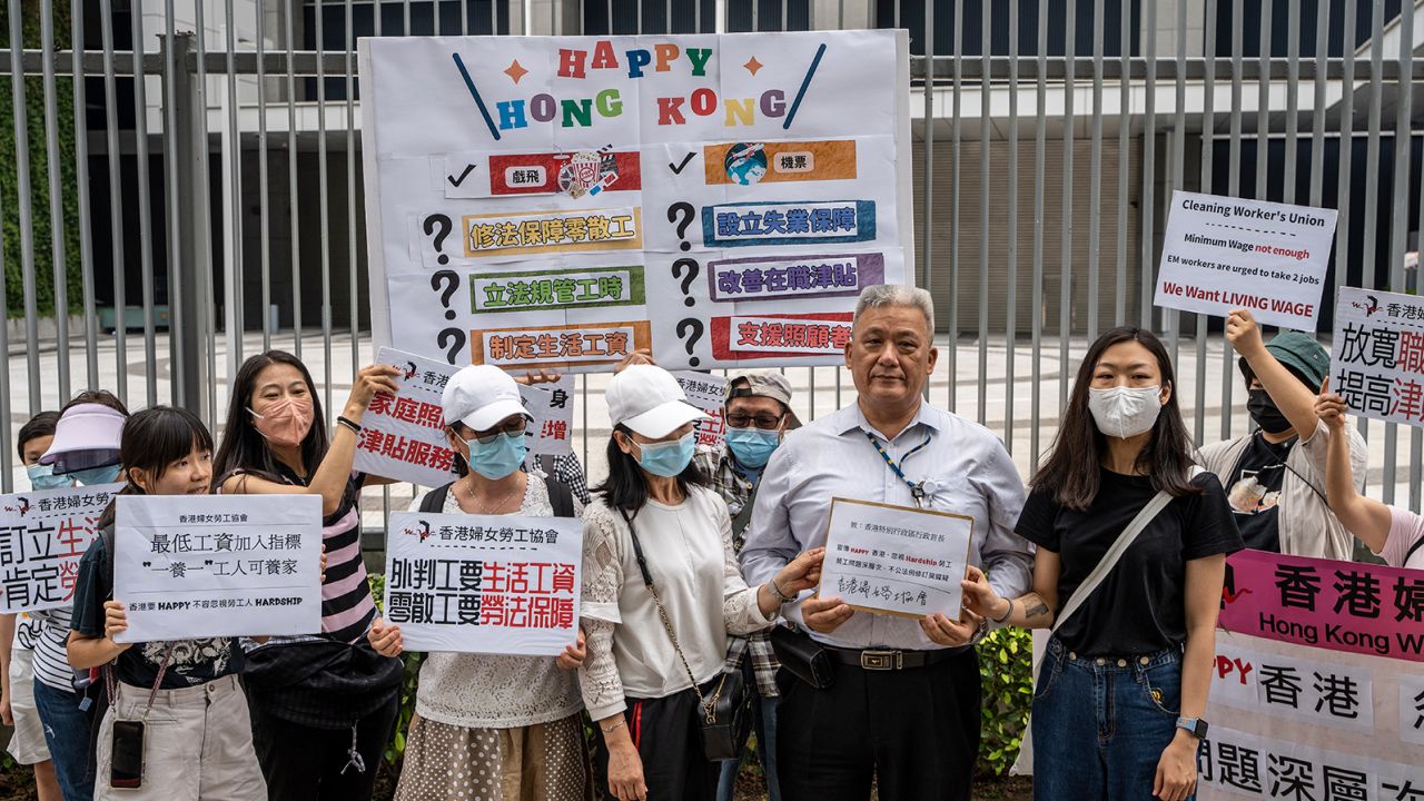 A demonstration from the Hong Kong Women Workers Association in front of the Central Government Office on May 1, 2023.