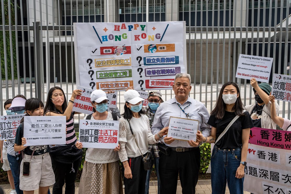 A demonstration from the Hong Kong Women Workers Association in front of the Central Government Office on May 1, 2023.