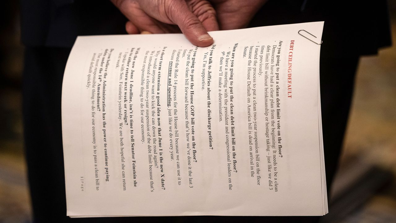 Senate Majority Leader Chuck Schumer (D-N.Y.) holds sheets of paper with talking points on debt ceiling legislation during a press conference on Capitol Hill May 2, 2023.