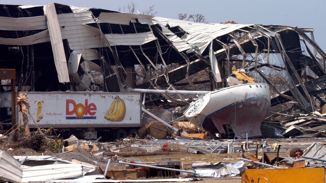 Debris blown ashore by Hurricane Katrina lies in August 2005 near downtown Gulfport, Mississippi.